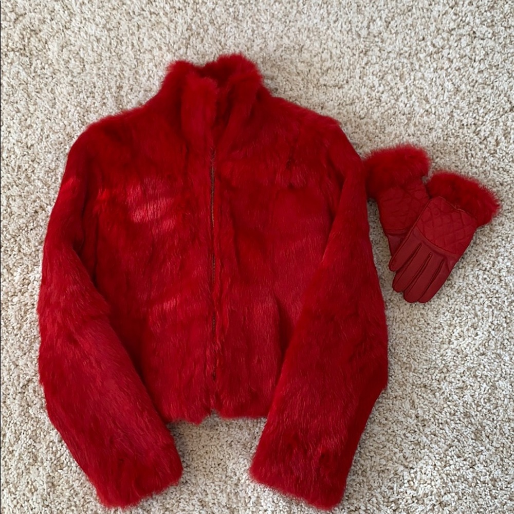Rabbit fur red fur coat with matching gloves